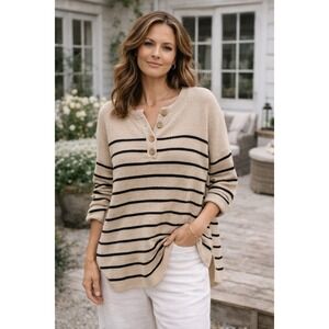 Lillusory Striped Knit Sweater Women L Cream Black Button Henley Coastal